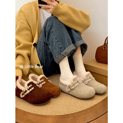 小熊出走加绒软底花边勃肯鞋女2025新款秋冬一脚蹬毛毛鞋保暖棉鞋