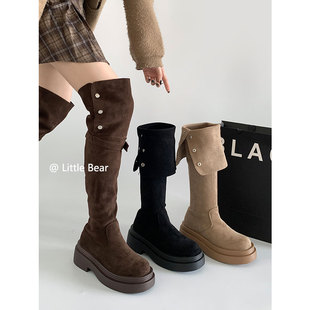 小熊出走两穿过膝长靴女秋冬季 美拉德高筒粗跟靴子显瘦厚底骑士靴