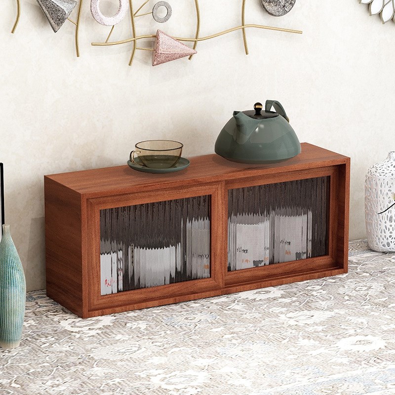 桌面置物架墙壁挂墙收纳盒长虹玻璃茶具实木质格子推门收纳柜茶具