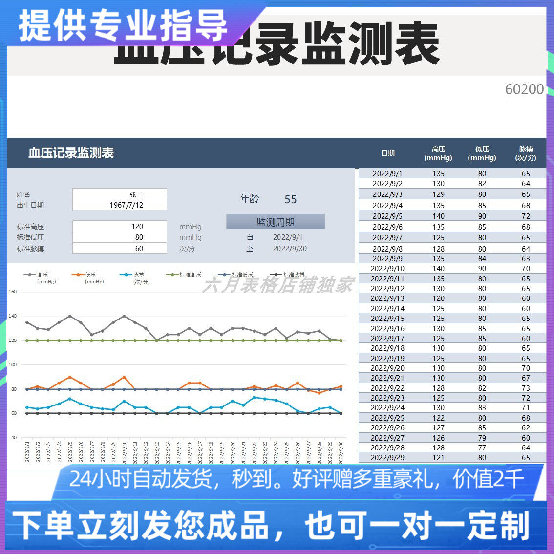 原创设计精品血压记录监测表excel表格定制