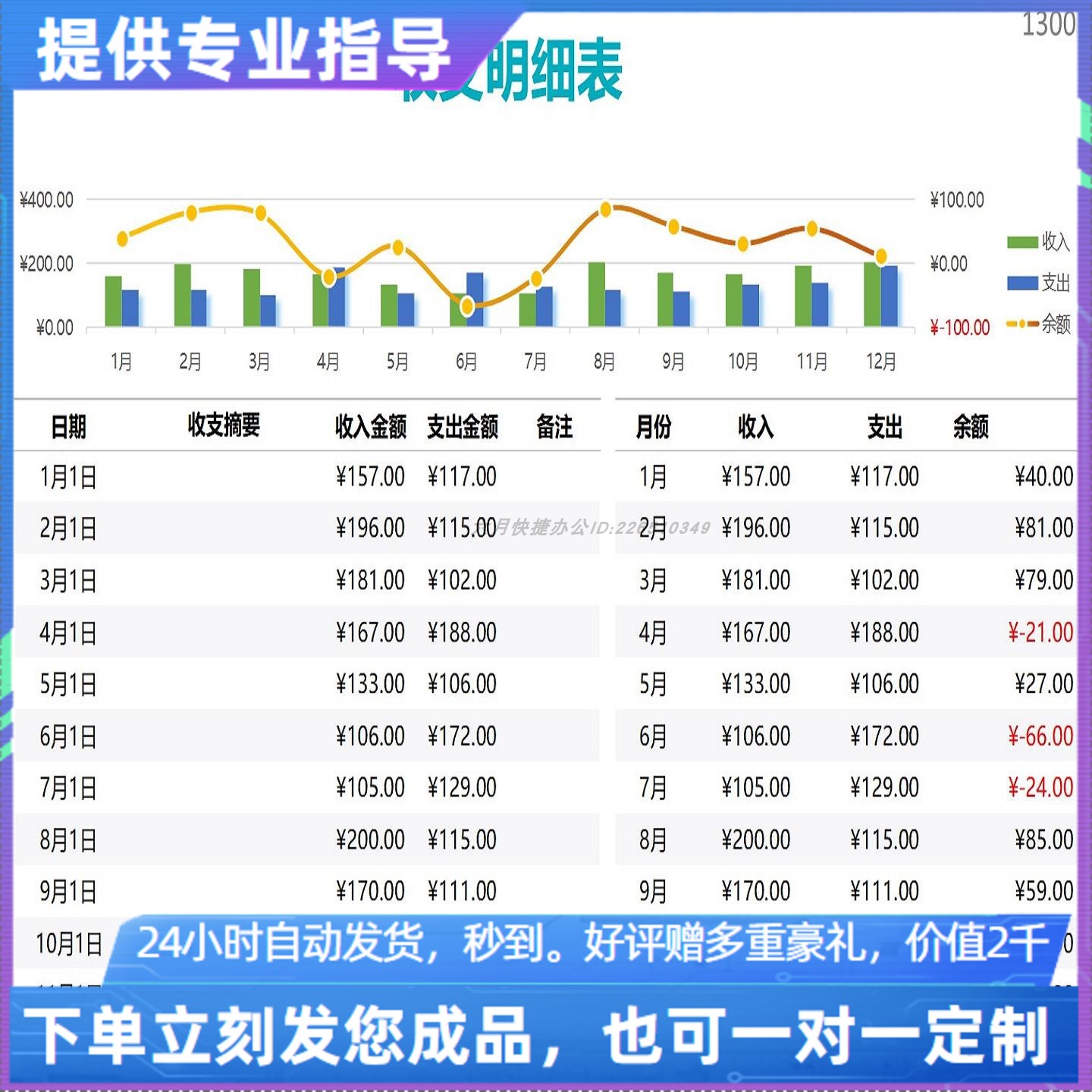 原创设计收支明细表EXCEL表格WPS系统定制