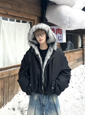 Grotequel美式复古狼王座山雕毛领飞行员夹克棉服连帽加厚外套