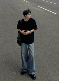 Grotequel做旧复古水洗牛仔裤男女宽松阔腿老爹裤拖地长裤子
