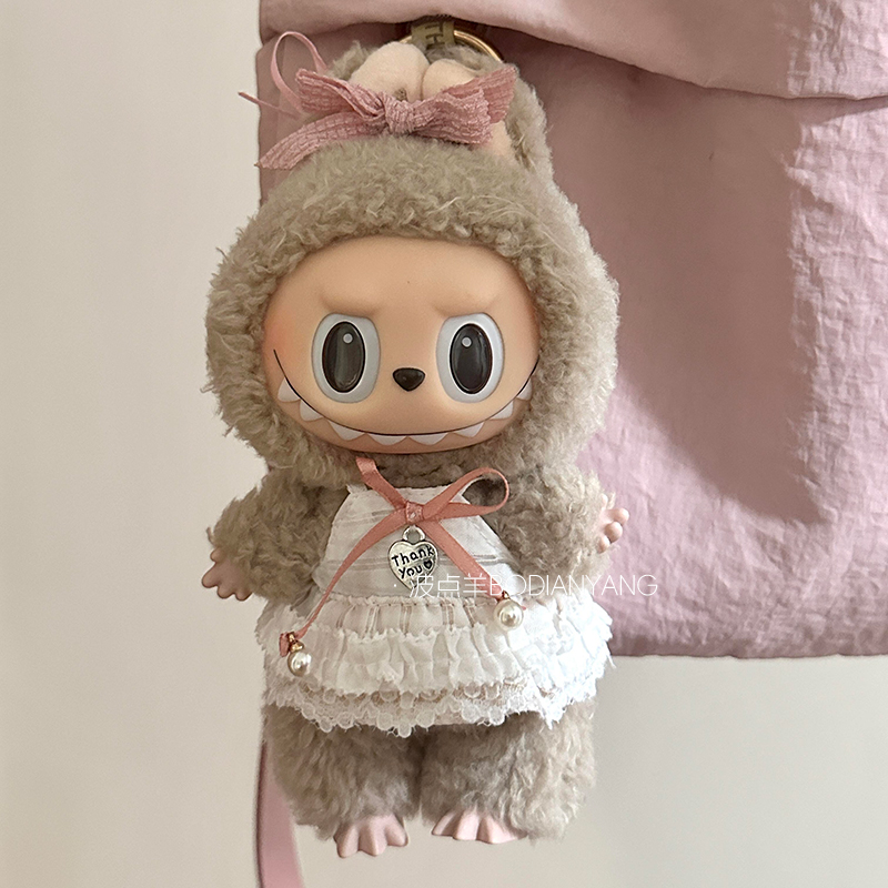 labubu公仔一二代搪胶公仔马卡龙坐坐派对可穿衣服换装娃衣裙子