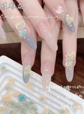 新款国风遇见软雕玫瑰花树脂立体浮雕渐变山茶花美甲指甲饰品