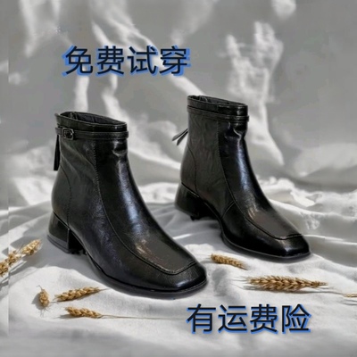 法式粗跟小短靴女2025冬季新款百搭配裙子后拉链软底软面妈妈鞋