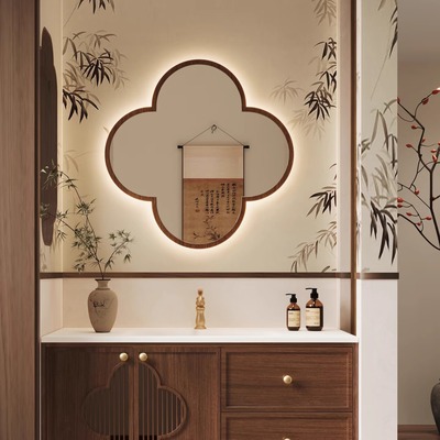 复古浴室镜子海棠花卫浴镜宋氏美学卫生间中式窗框花朵梅花形镜子