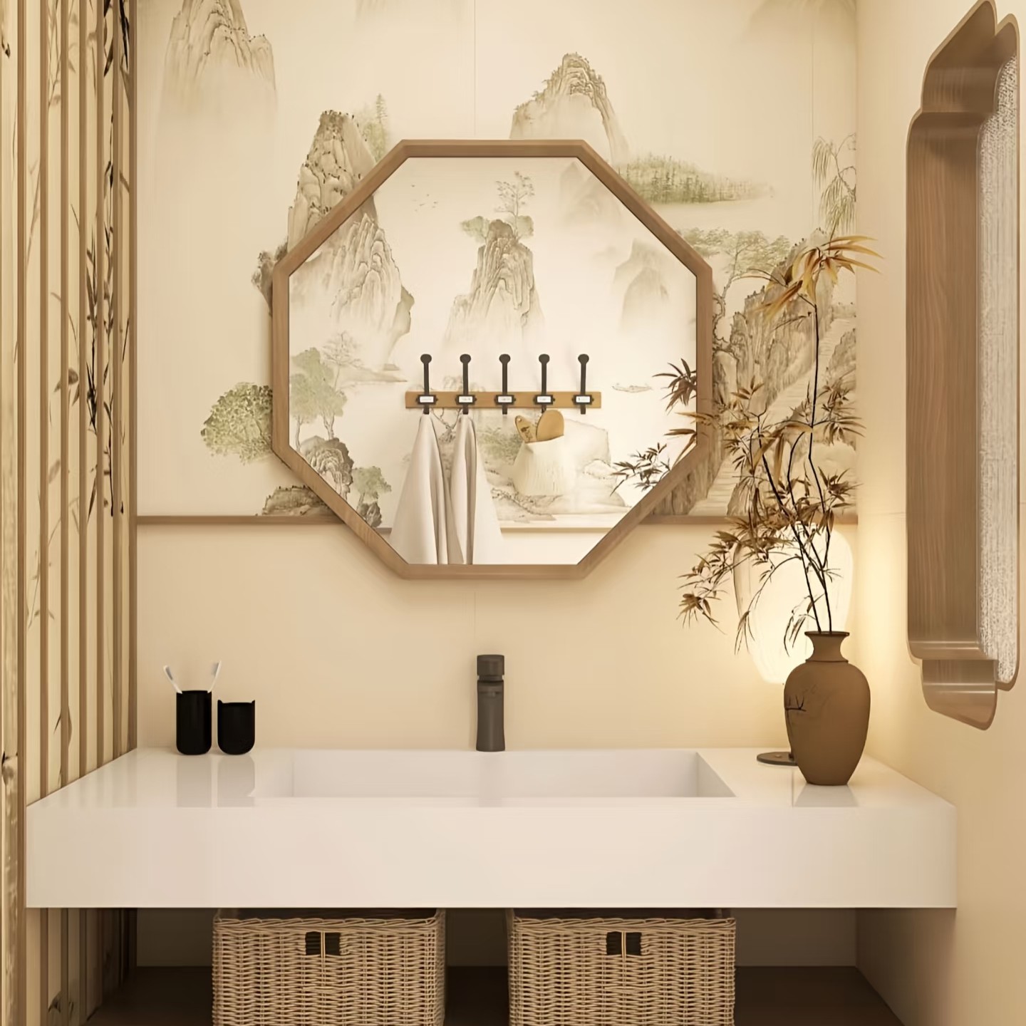 宋氏美学浴室镜卫生间新中式卫浴镜中式窗框花朵镜子复古浴室镜子