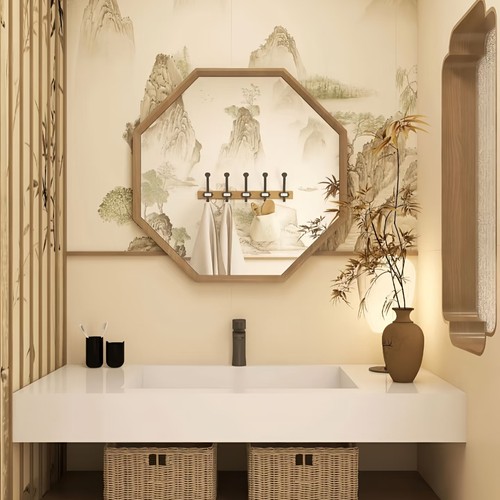 宋氏美学浴室镜卫生间新中式卫浴镜中式窗框花朵镜子复古浴室镜子