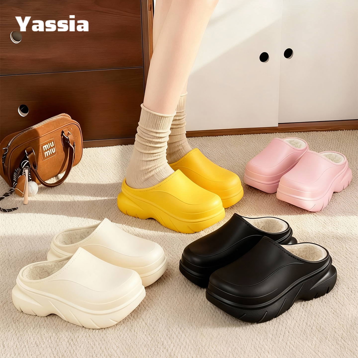 亚束迈舒厨师鞋加绒女款防滑防水居家静音办公室棉拖鞋包头软底秋