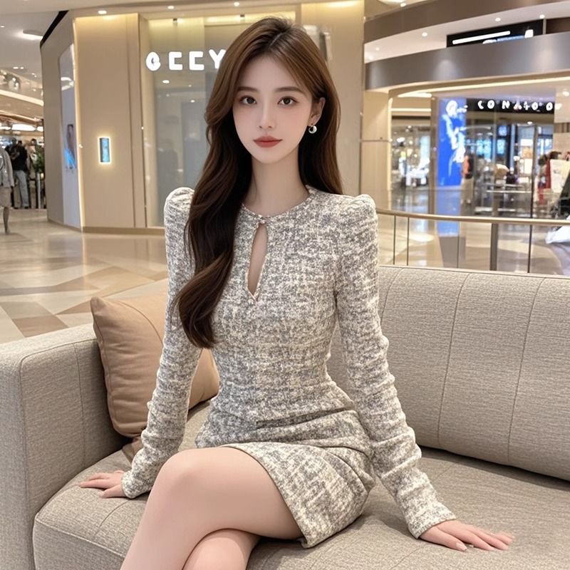 气质名媛风镂空长袖连衣裙女2025年春季新款气质修身显瘦包臀短裙