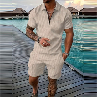 2025夏季 潮流时尚 休闲套装 美式 短裤 纯色翻领拉链领POLO衫 男装 短袖