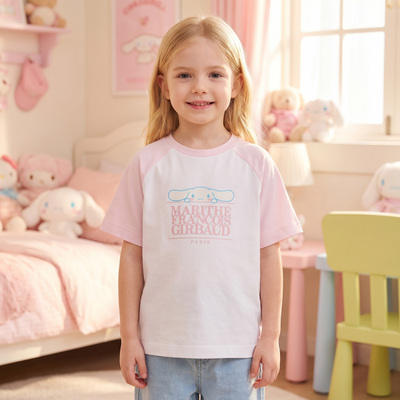 2025夏季新款Marithe联名玉桂狗童装短袖插肩拼袖儿童纯棉女童t恤