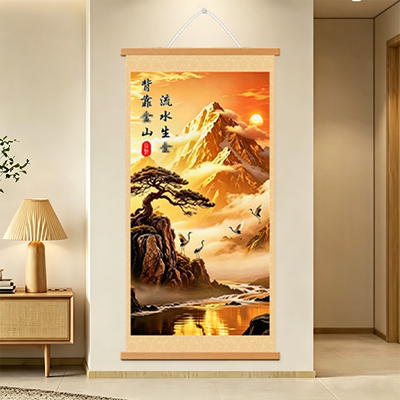 新中式背靠金山客厅玄关挂画