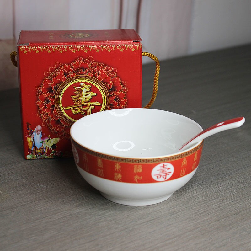 景德镇祝寿半红韩式金钟回礼定制老人生日赠品答谢礼配勺礼盒厂家