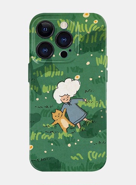 春日女孩和猫iPhone16promax苹果14手机保护壳小米15绿色华为mate70新款pura70荣耀300适用女生vivox20菲林软
