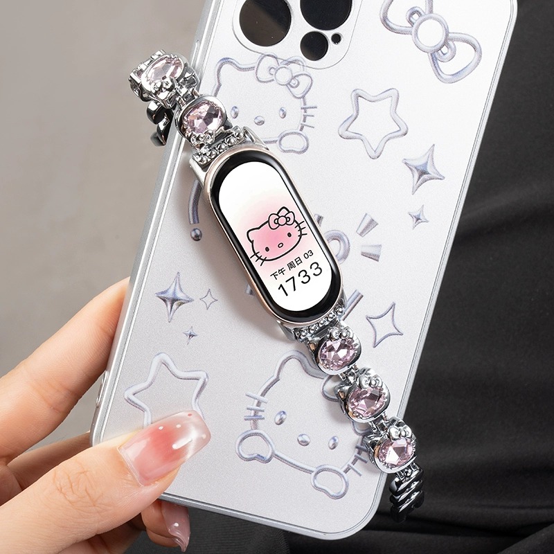 高级感KT猫适用小米手环9表带金属镶闪钻876NFC版腕带化工米5/4