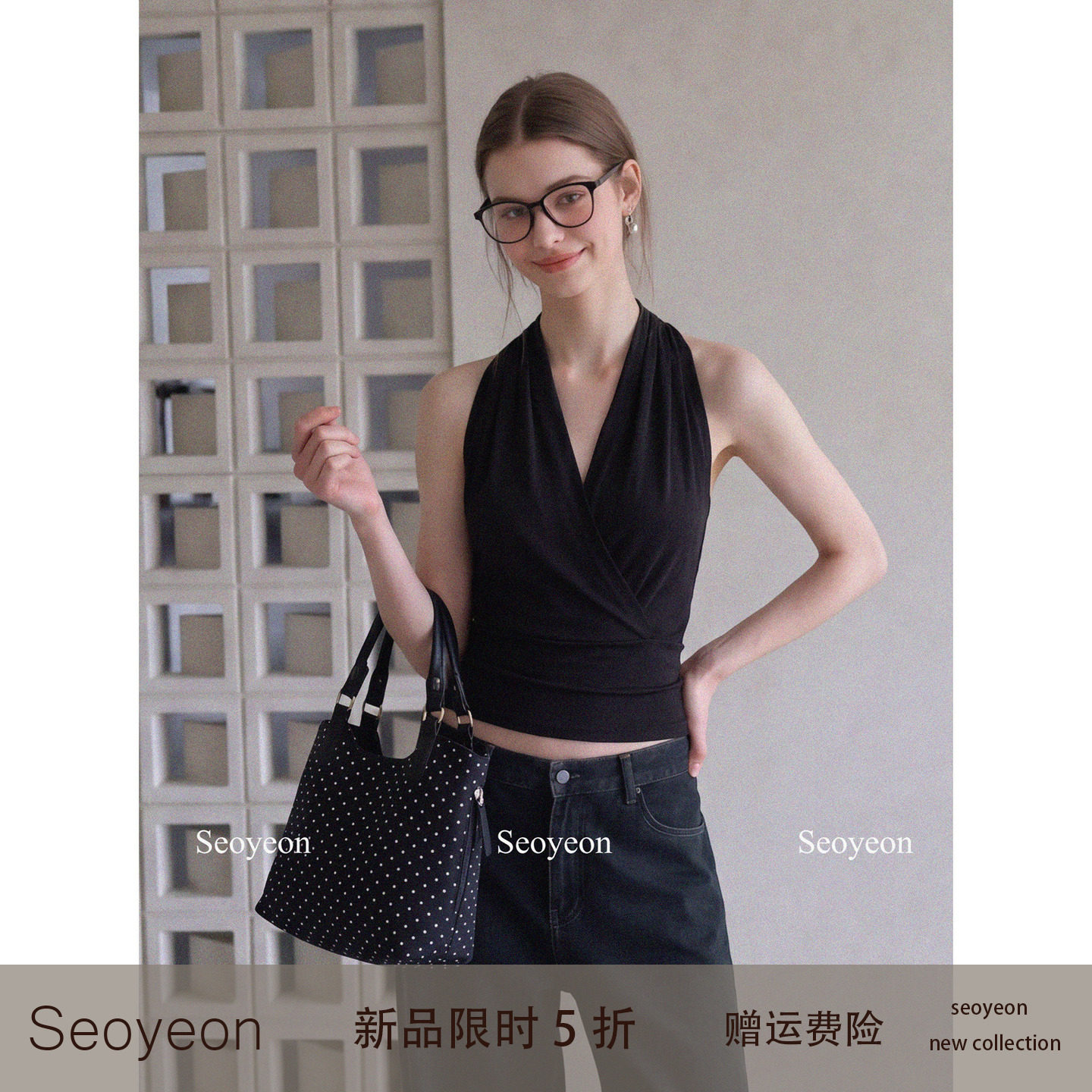 seoyeon 黑色挂脖交叉领背心女夏季外穿露背修身显瘦收腰无袖上衣
