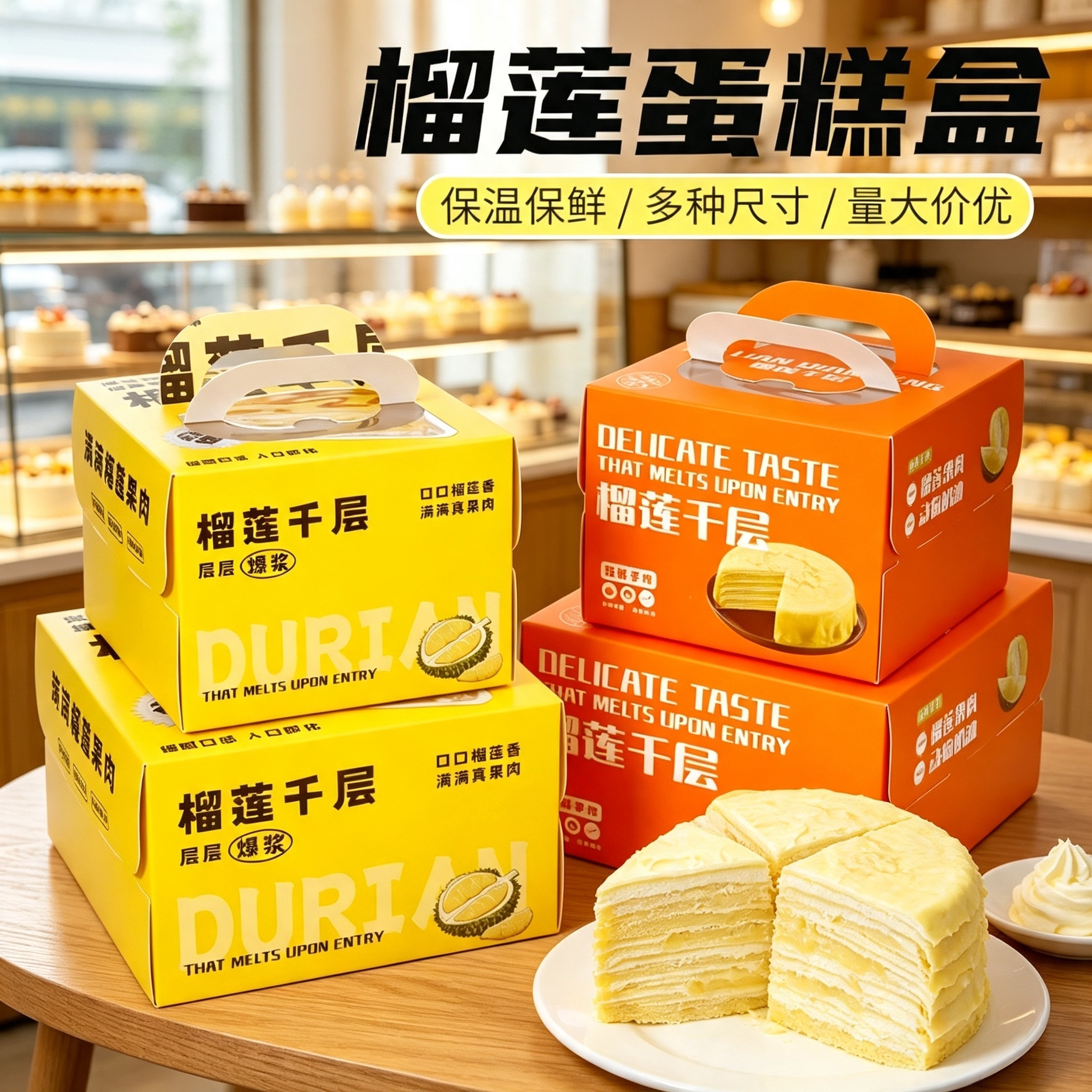 8寸榴莲打包方形生日蛋糕
