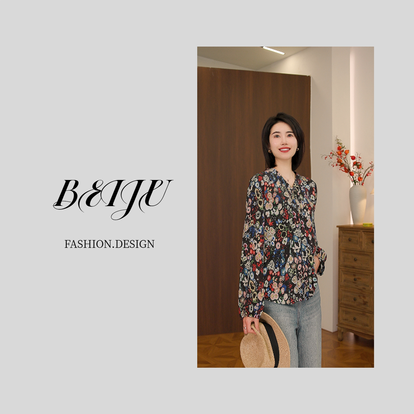 BEIJU【繁花】新款气质百搭复古碎花衬衫女长袖宽松碎花上衣24269