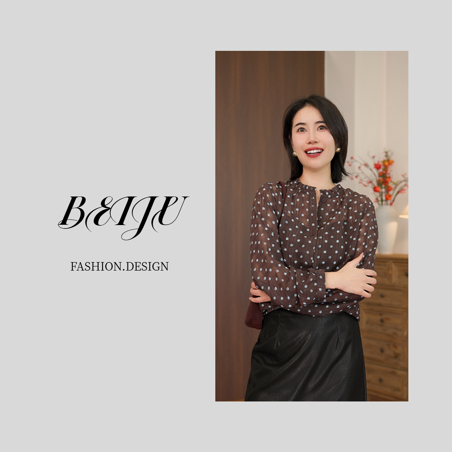 BEIJU【深蓝夜话】早秋优雅风长袖波点衬衫女宽松显瘦上衣73542