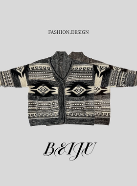 BEIJU【冰岛】民族印花V领开衫毛衣女流苏边长袖针织外套66271