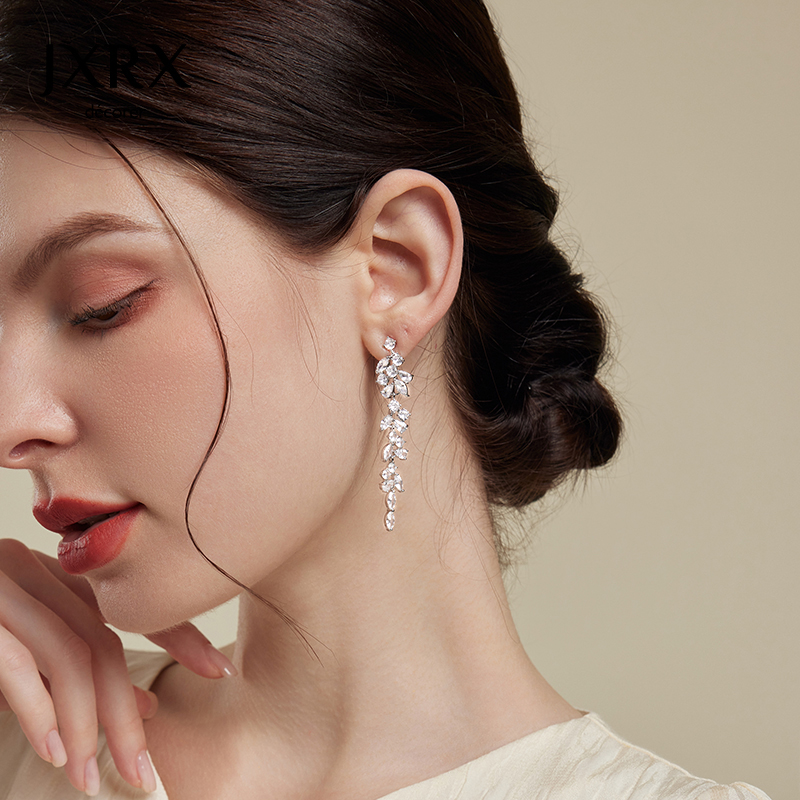 JXRX超闪树叶流苏耳环女小众设计