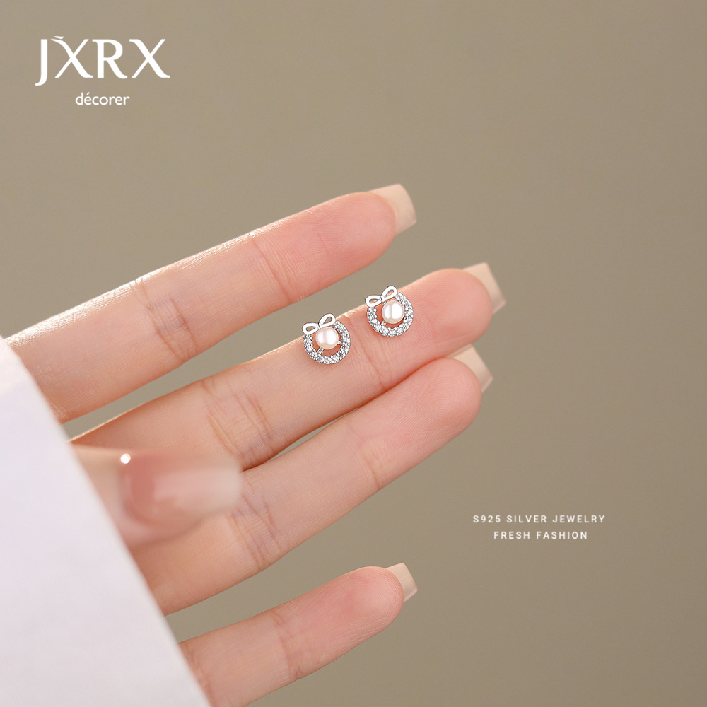 JXRXs925纯银蝴蝶结耳钉女人造珍珠耳环女人味超好看独特漂亮耳饰