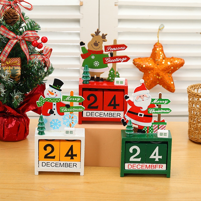 圣诞节木质装饰日历卡通创意圣诞老人雪人麋鹿桌面摆件圣诞礼物