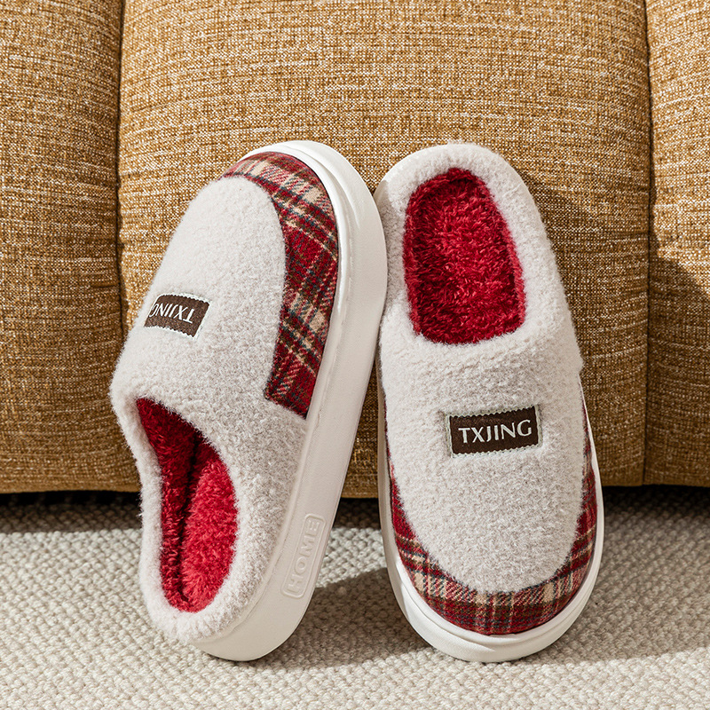 冬季厚底毛绒棉拖鞋女室内居家加绒保暖情侣时尚双色拼接月子棉拖