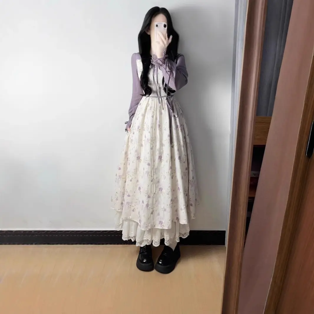 法式温柔甜美风蝴蝶结长袖连衣裙女学生夏季高级感收腰碎花a字裙