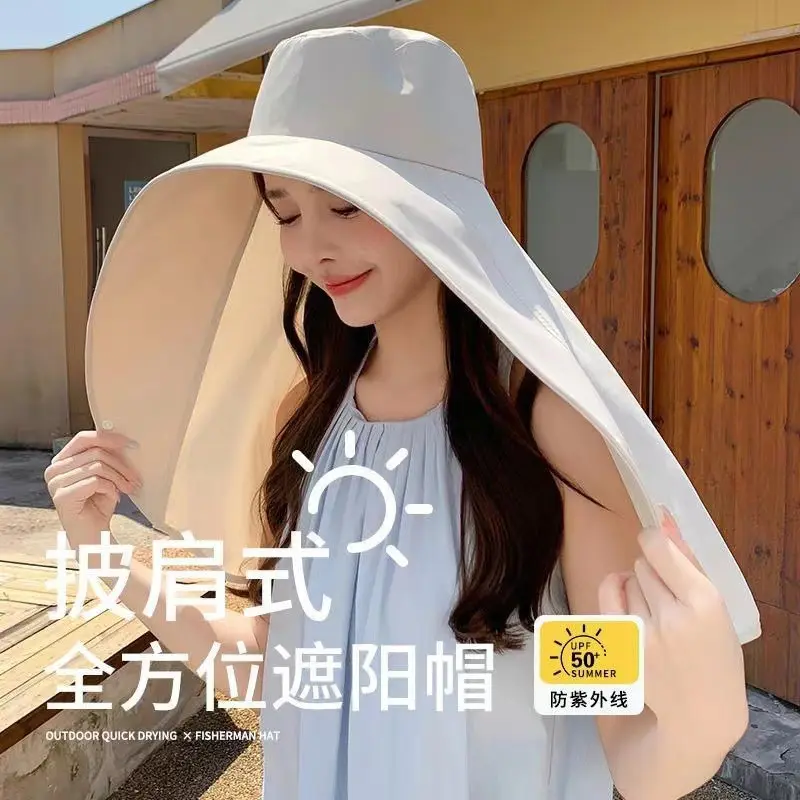 护肩颈一体防晒帽子女夏季遮脸超大披肩渔夫帽防紫外线遮阳帽