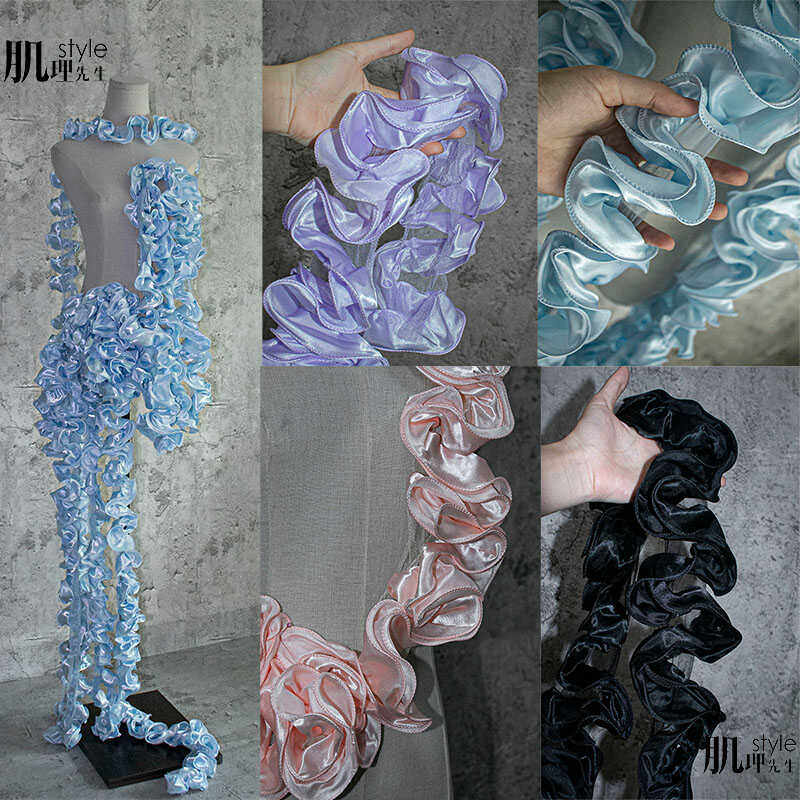 10cm宽 3D立体玫瑰花边辅料手工diy发饰材料蕾丝网纱褶皱服装布艺