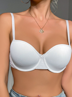 跨境外贸女螺纹Balconette半杯Pushup薄杯T-shirt钢圈Bra低胸文胸