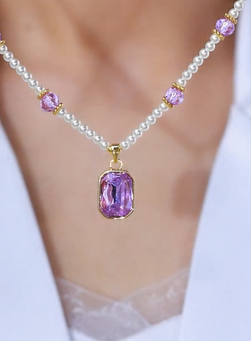 新中式紫色方形水晶吊坠项链女2025新款爆款高级感轻奢小众锁骨链