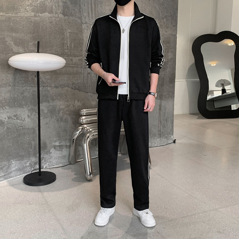 秋季新款休闲运动套装男棉质立领开衫卫衣直筒卫裤两件套时尚潮男