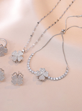 项链女 跨境爱心旋转ins抖音项链三件套旋转耳环戒指时尚锁骨链