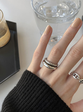 韩版时尚双层光面麻花银戒指女ins风做旧质感小众设计食指开口戒