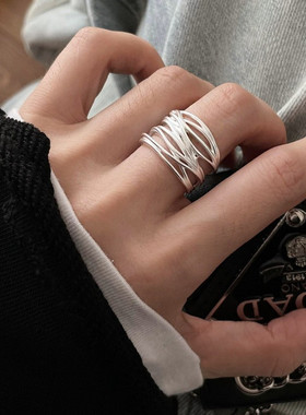 韩版S925镀银戒指女光面交叉几何多层冷淡风简约个性小众食指环夏