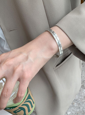 S925银手链女复古英文罗马数字手镯泰银网红做旧潮手饰