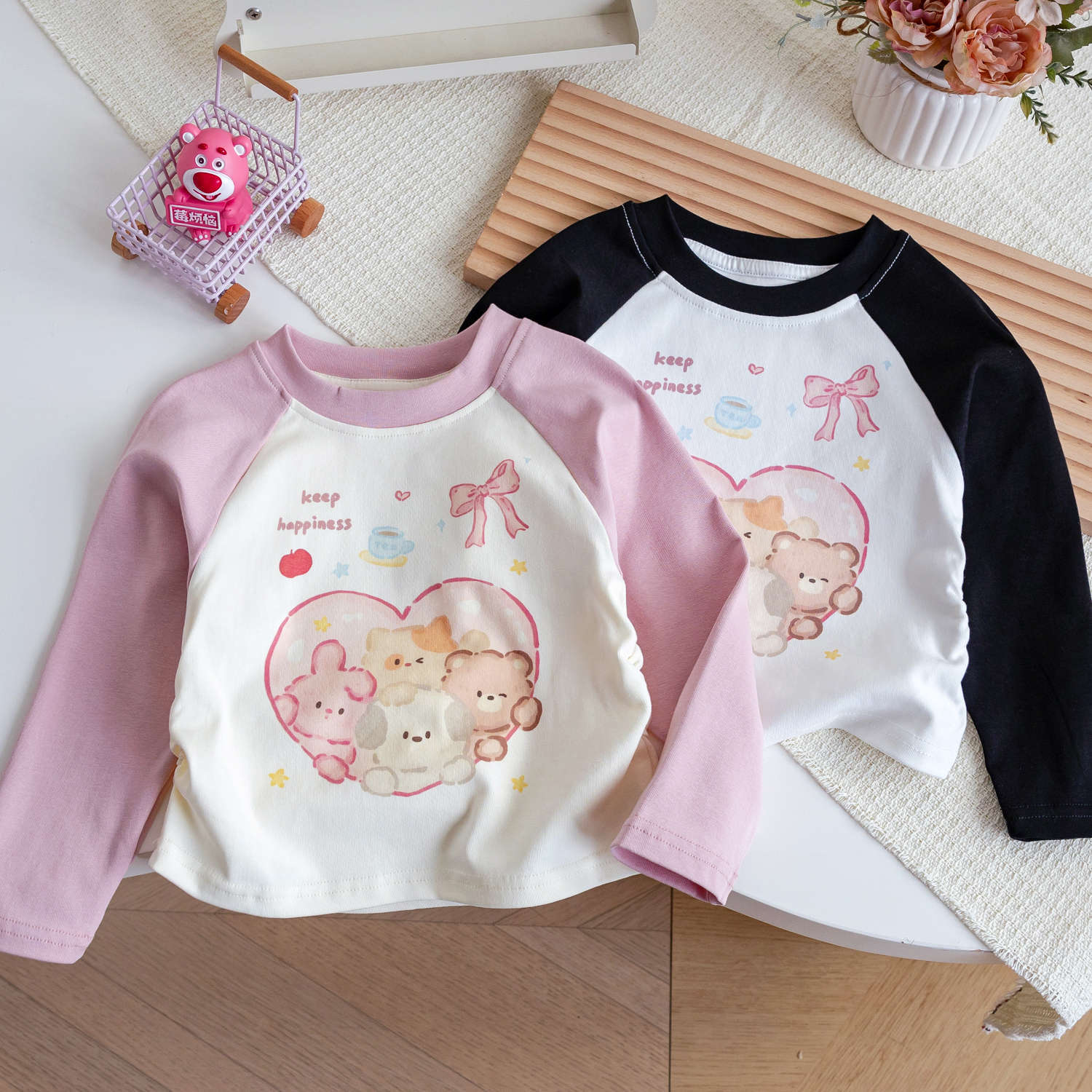 秋季韩版女宝宝卡通印花可爱长袖T2024新款拼色洋气百搭打底衫潮