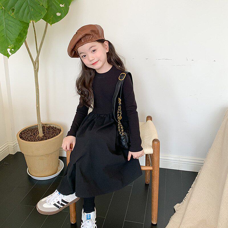 女童韩版纯色修身公主裙春秋季2025新款中大童洋气拼接长袖连衣裙