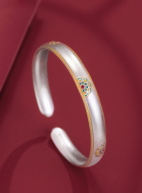 新中式国风古法高级感复古宝相花如意祥云莲花珐琅彩开口实心手镯