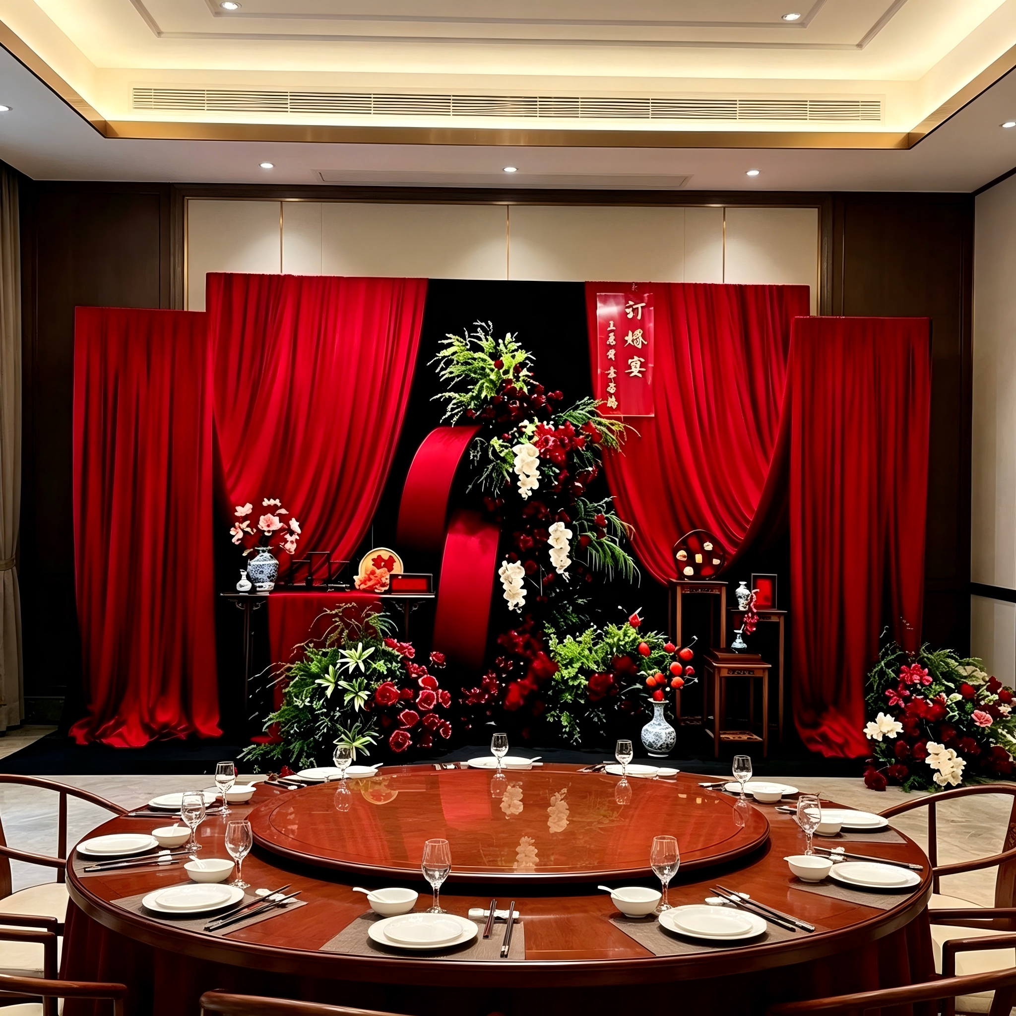 韩系订婚宴背景布置高级小众酒店男女方红黑布幔浪漫婚礼迎宾背景