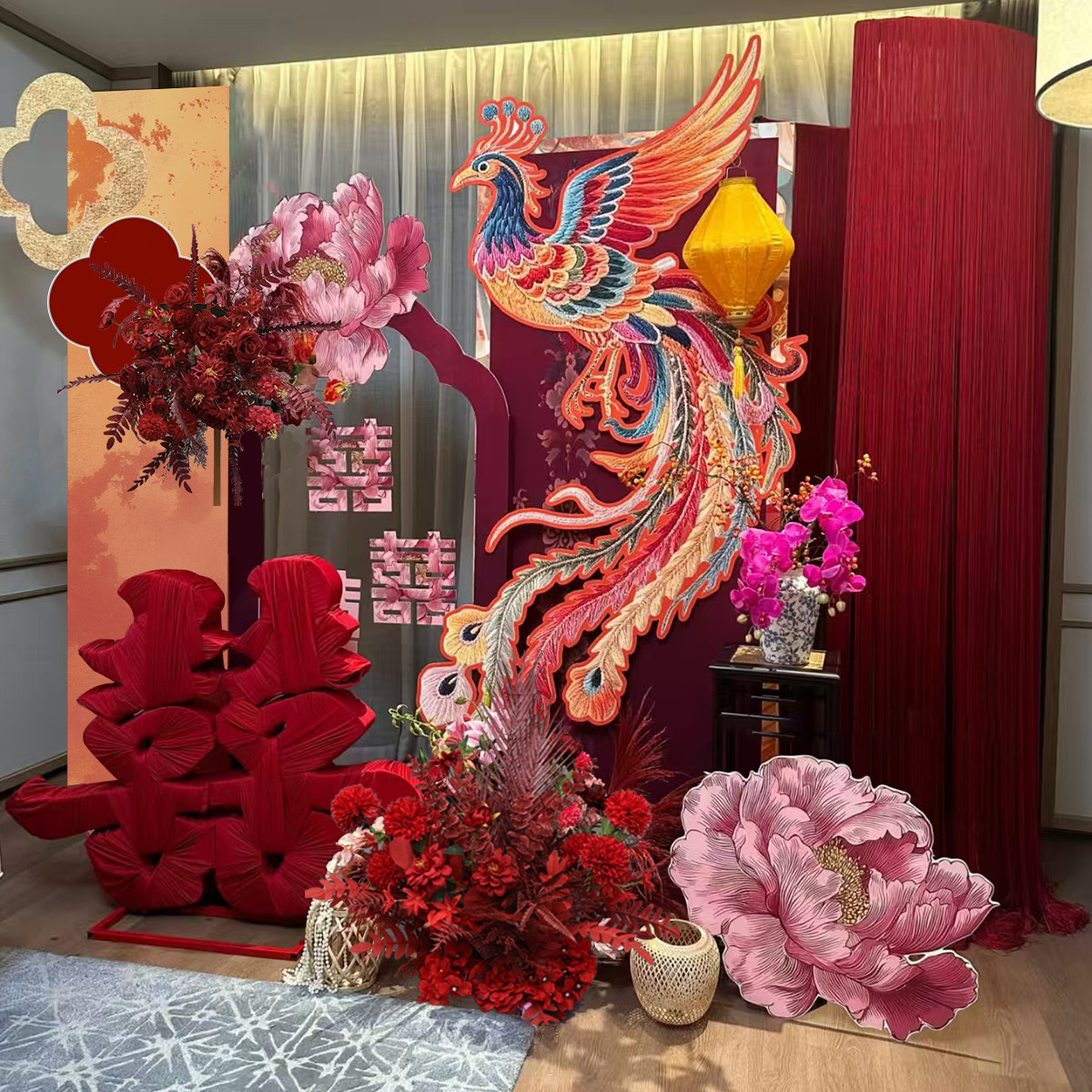 中式室内KT板迎宾牌酒店婚房布置套装客厅结婚订婚礼晨袍背景装饰