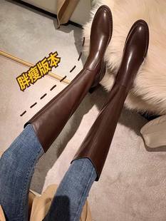 v口真皮长筒靴女2025秋冬款小粗腿加宽大筒围长靴胖mm高筒骑士靴