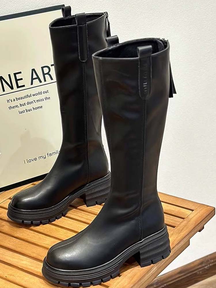 真皮平口不过膝弹力长筒靴女2025冬季新款骑士靴后拉炼显瘦高筒靴