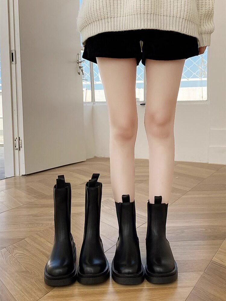 真皮厚底马丁靴女2024春秋新款韩版小个子靴子中筒靴切尔西烟筒靴