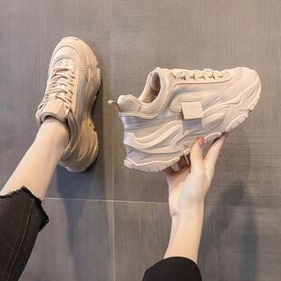 真皮厚底老爹鞋女款2025春秋新款韩版网红百搭系带休闲增高运动鞋
