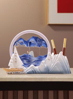 现代简约创意流沙画一帆风顺笔筒摆件办公室装饰毕业季送老师礼物